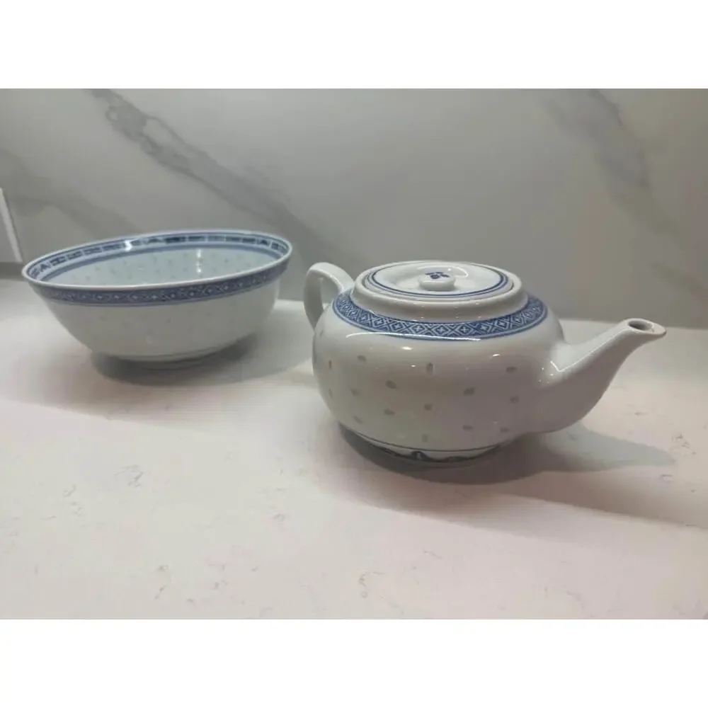 Vintage Chinese Rice Grain Blue and White Set - Teapot With Lid & Serving Bowl
